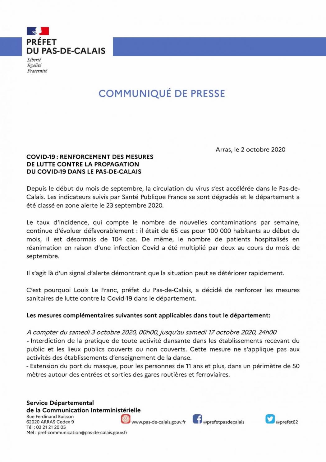 Communique de presse du 2 octobre 2020 renforcement des mesures sanitaires 1