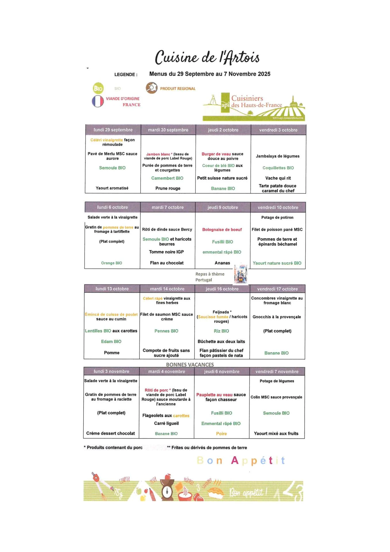 Les menus du 29 Septembre au 7 Novembre 2025