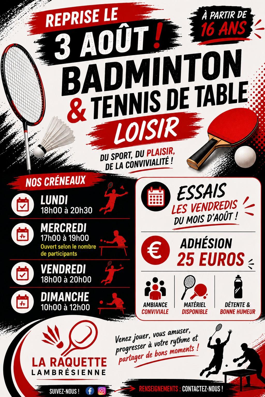 Affiche de reprise du badminton et du tennis de table le 3 août 2026