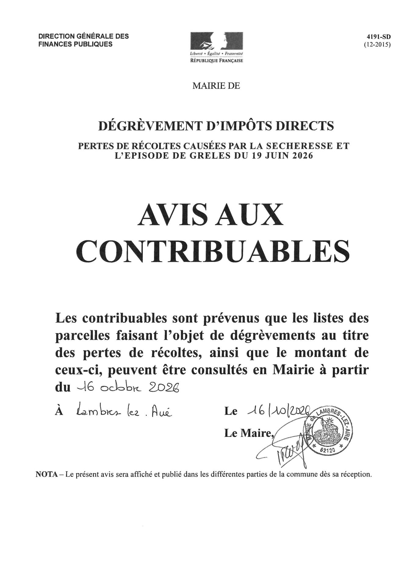 Avis aux contribuables - dégrèvement d impôts directs