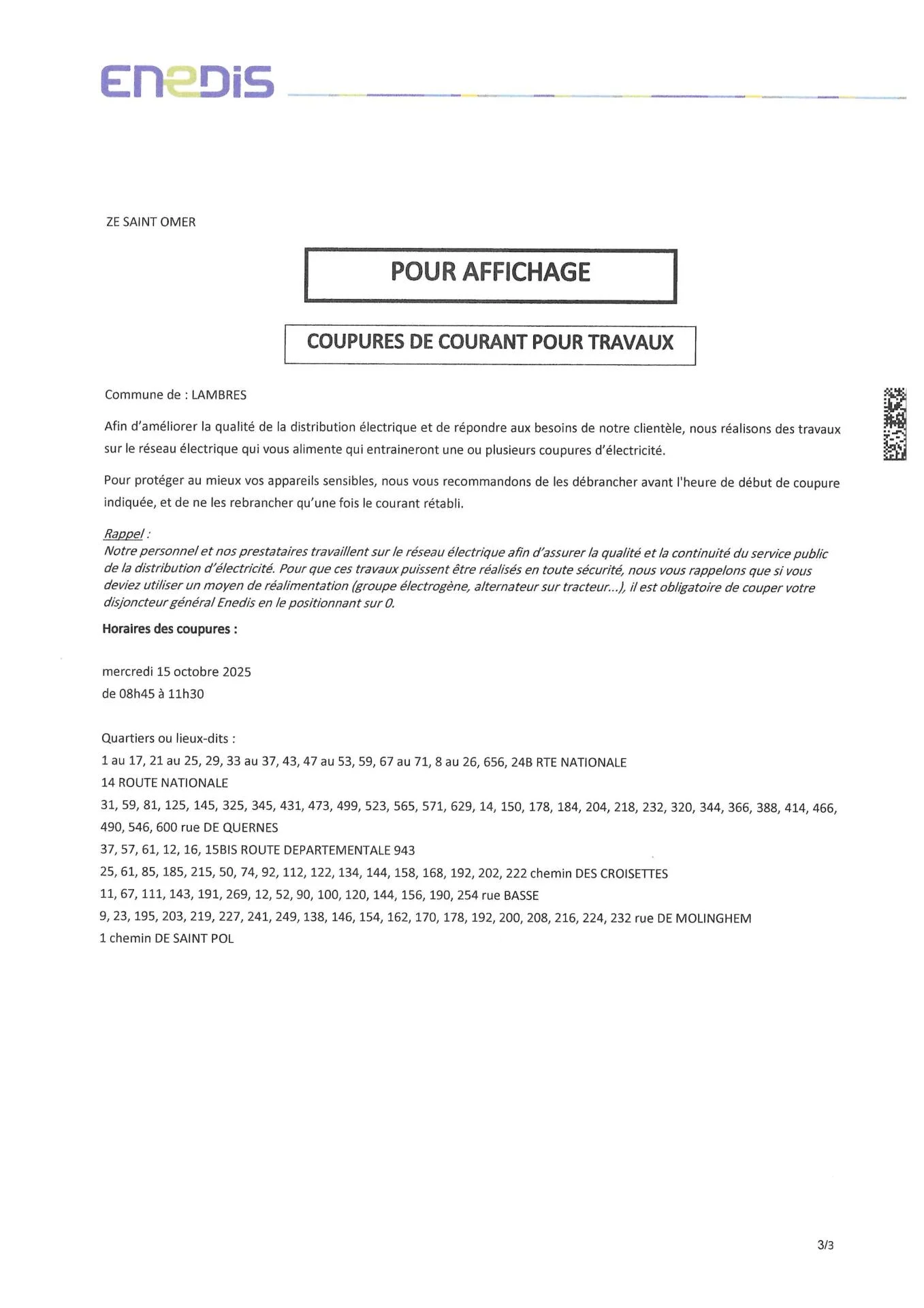 coupure de courant pour travaux ENEDIS mercredi 15 octobre