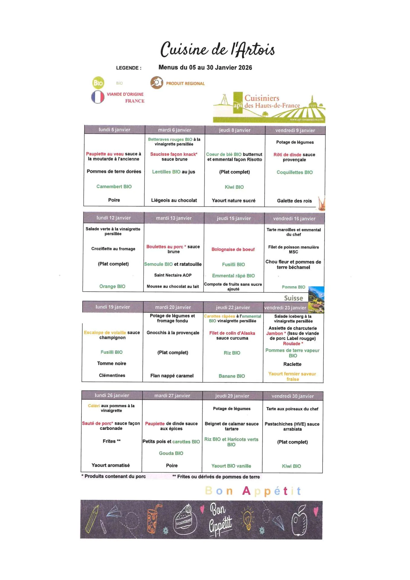 Menus du 05 au 30 Janvier 2026