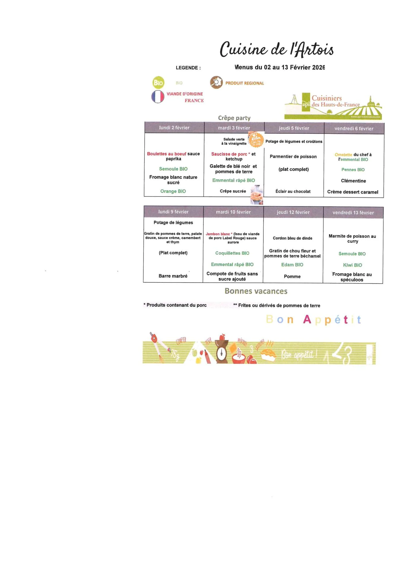 Menus du 02 au 13 Février 2026