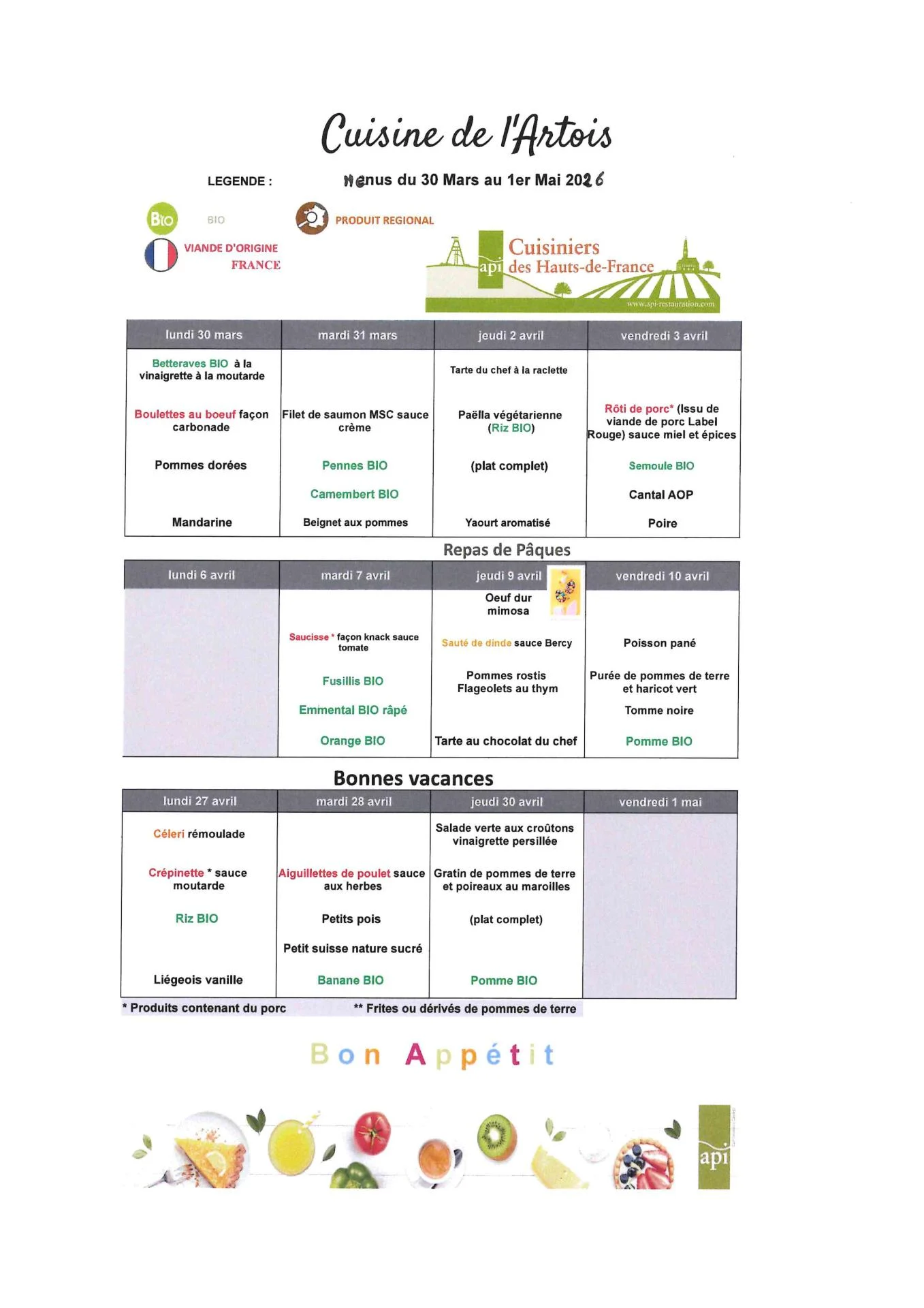 Menus du 30 Mars au 1er Mai 2026