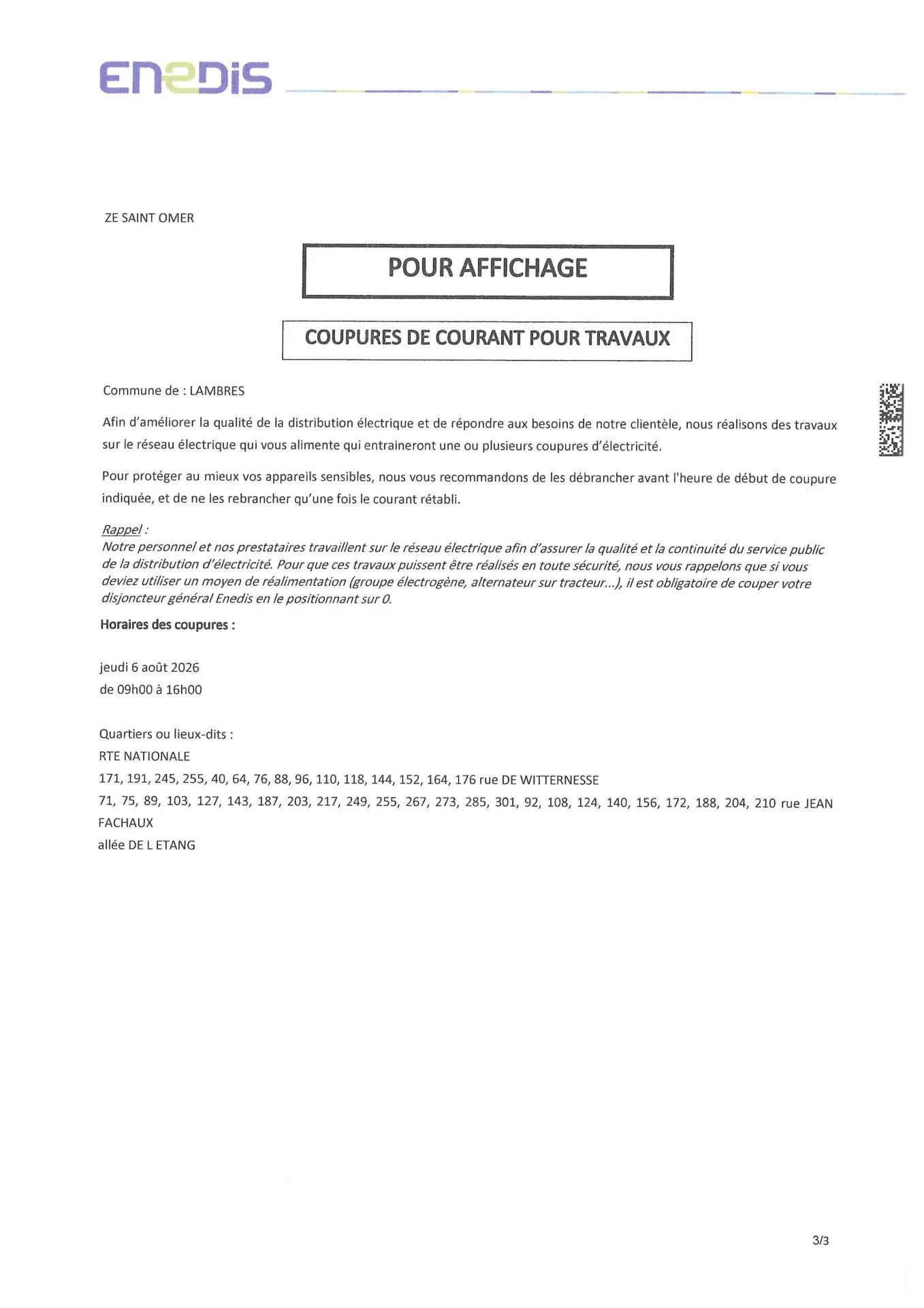 coupures de courant pour travaux ENEDIS