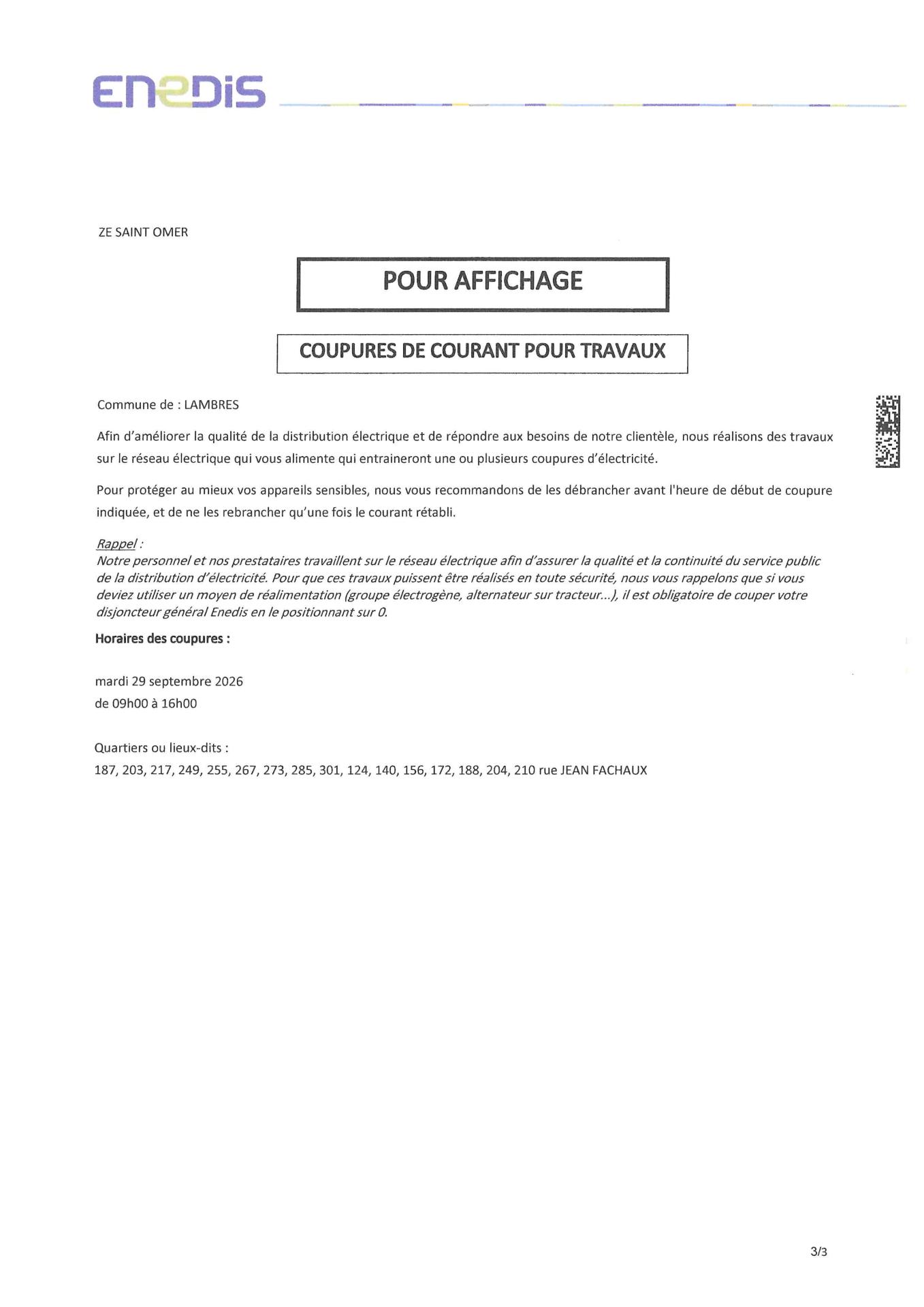 coupure de courant pour travaux le mardi 29 septembre 2026