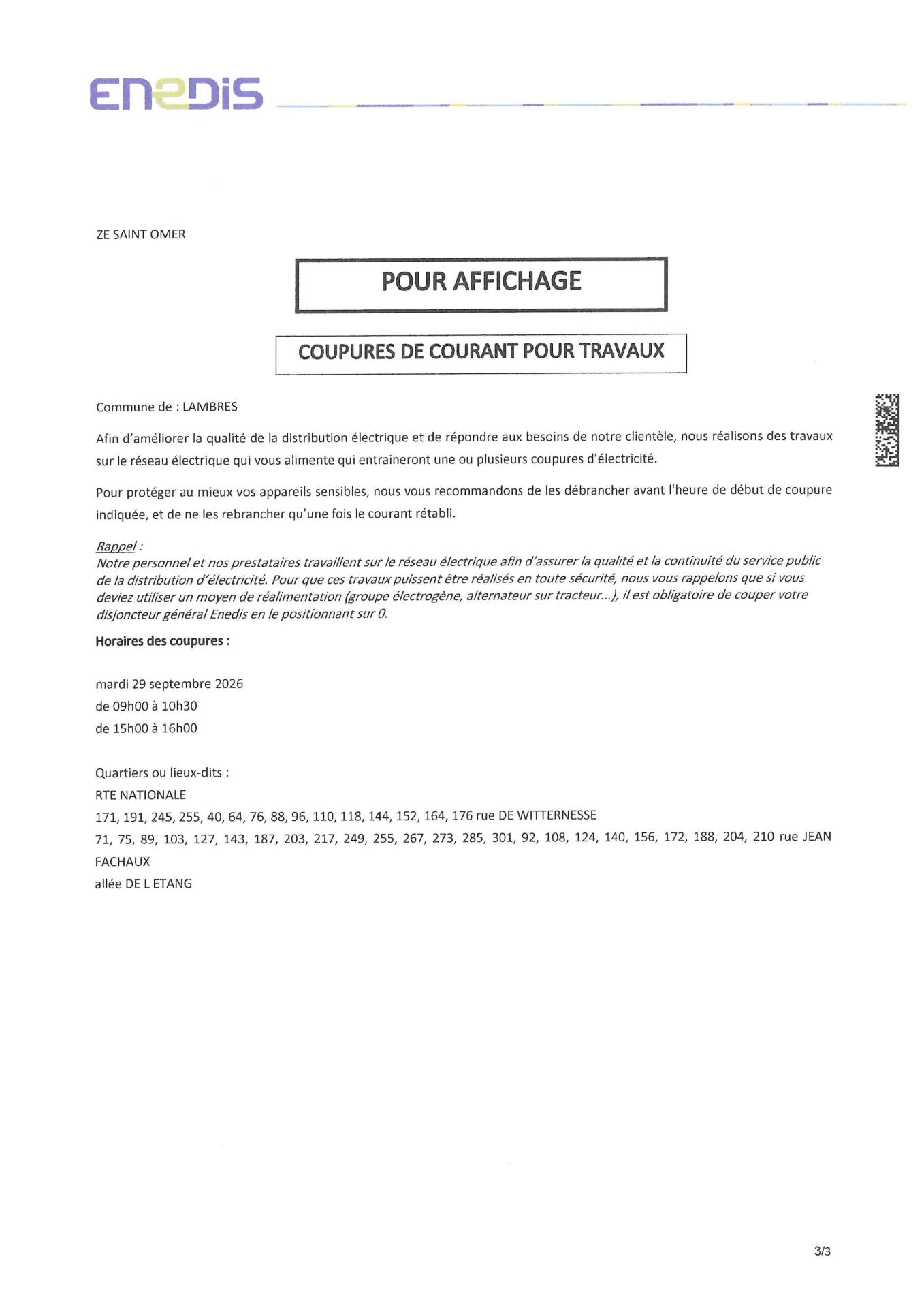 coupure de courant pour travaux le mardi 29 septembre 2026