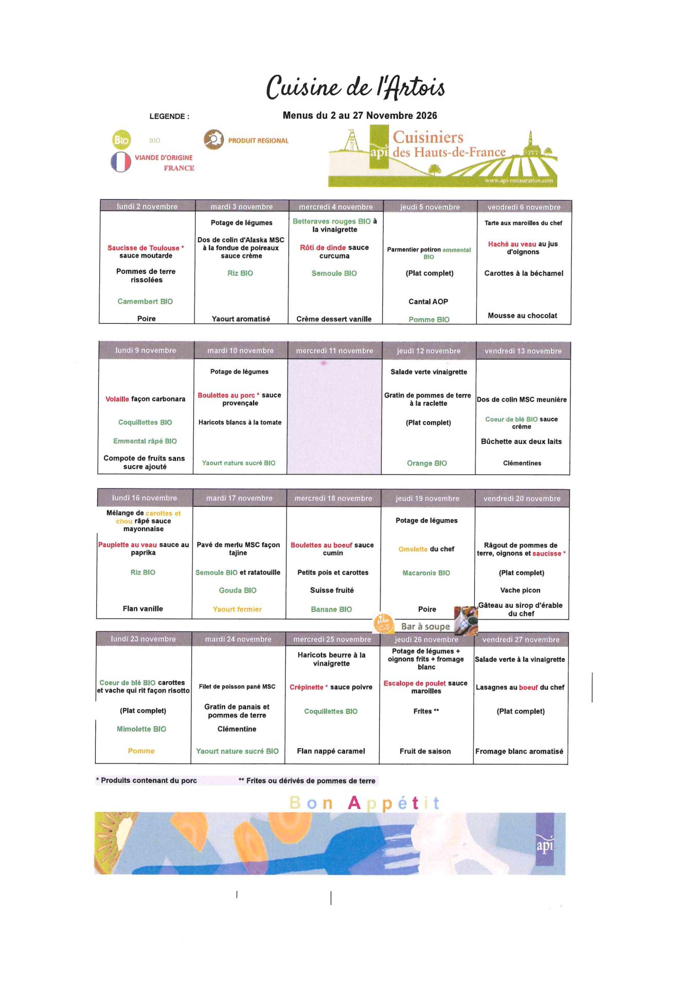 Menus du 2 au 27 Novembre 2026