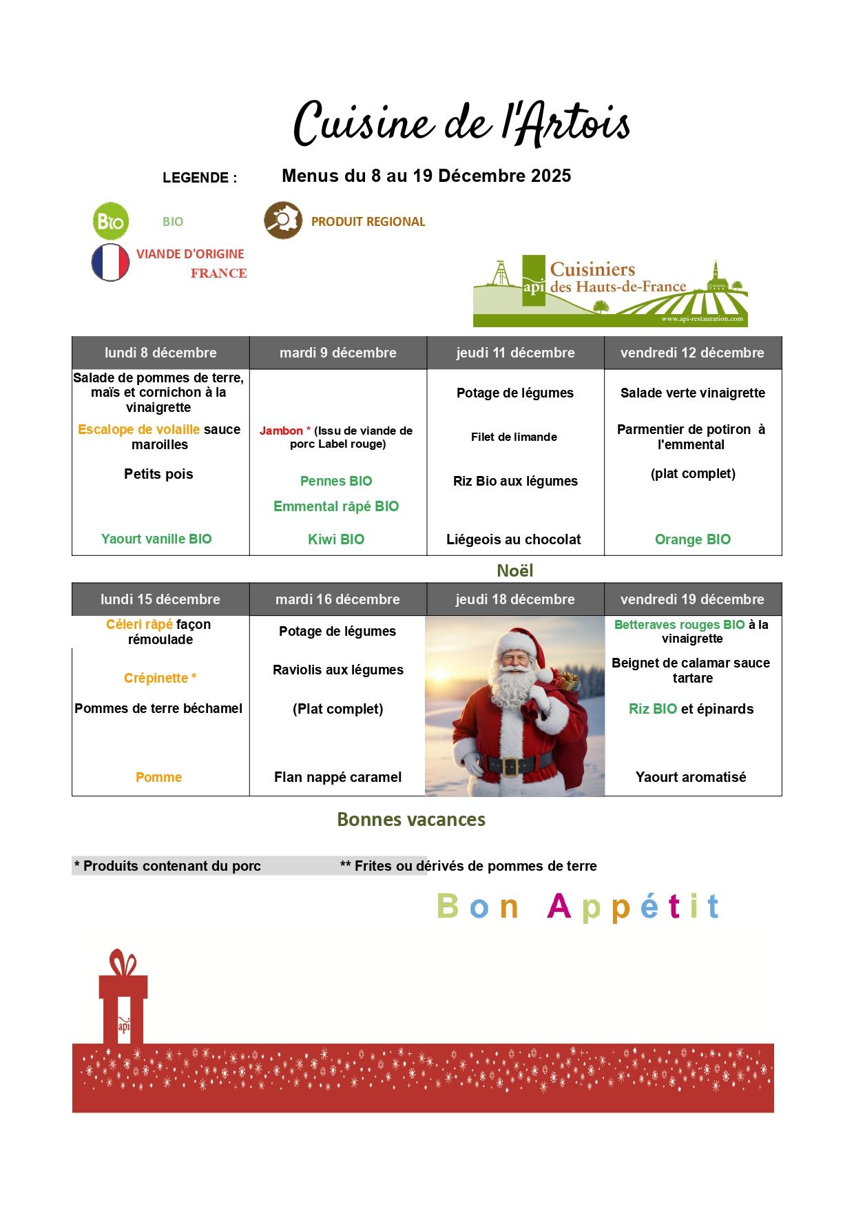 Les menus du 8 décembre au 19 décembre 2025