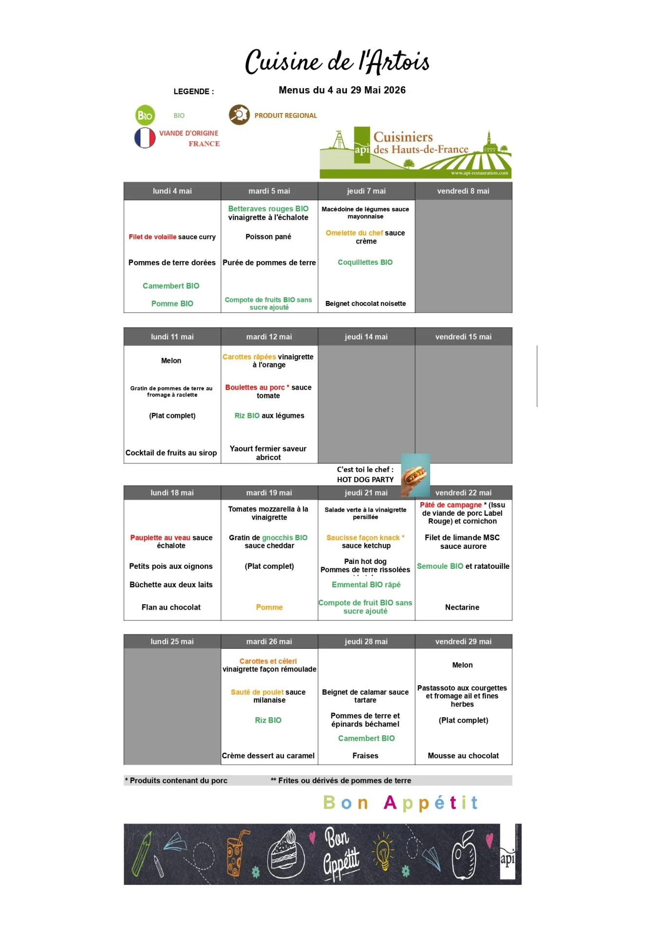 Menus du 04 mai au 29 mai 2026