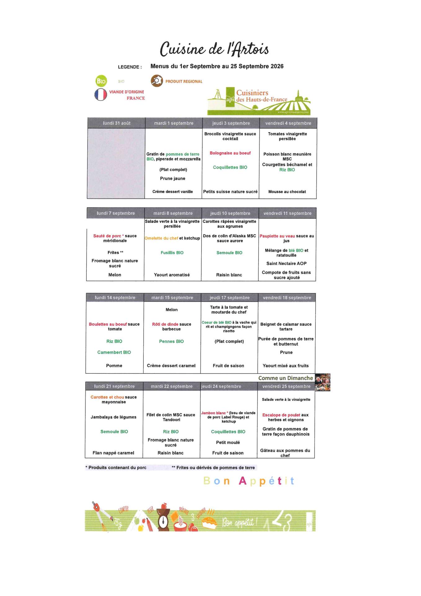 Menus du 1er septembre au 25 septembre 2026