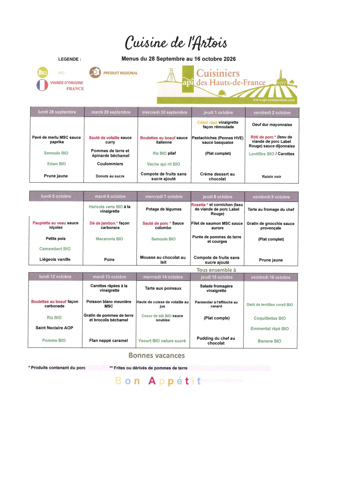 Menus du 28 septembre au 16 octobre 2026